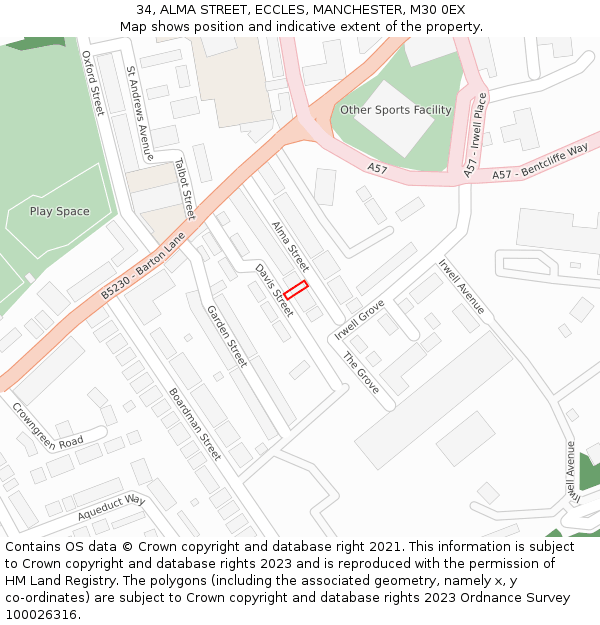 34, ALMA STREET, ECCLES, MANCHESTER, M30 0EX: Location map and indicative extent of plot