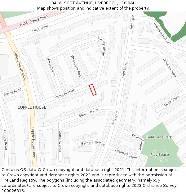 34, ALSCOT AVENUE, LIVERPOOL, L10 0AL: Location map and indicative extent of plot