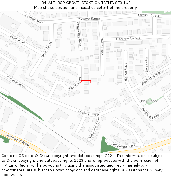 34, ALTHROP GROVE, STOKE-ON-TRENT, ST3 1UF: Location map and indicative extent of plot