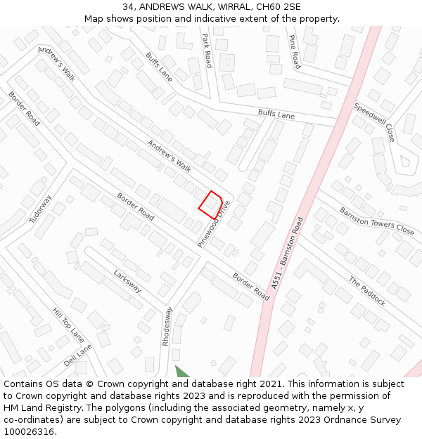 34, ANDREWS WALK, WIRRAL, CH60 2SE: Location map and indicative extent of plot