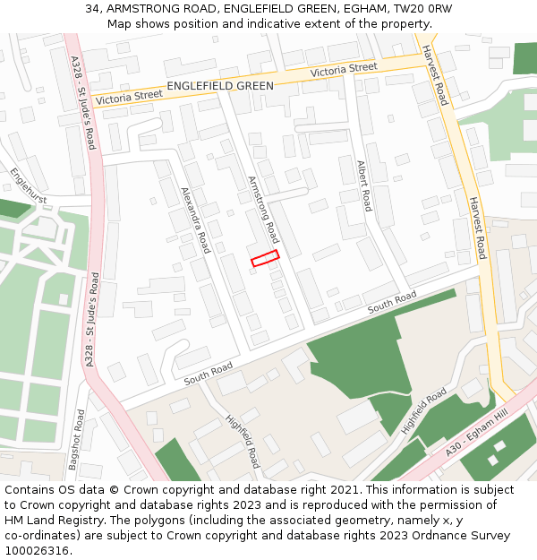 34, ARMSTRONG ROAD, ENGLEFIELD GREEN, EGHAM, TW20 0RW: Location map and indicative extent of plot