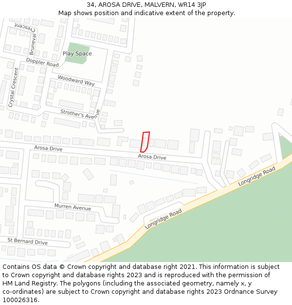 34, AROSA DRIVE, MALVERN, WR14 3JP: Location map and indicative extent of plot