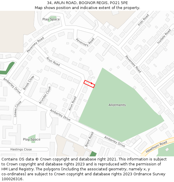 34, ARUN ROAD, BOGNOR REGIS, PO21 5PE: Location map and indicative extent of plot