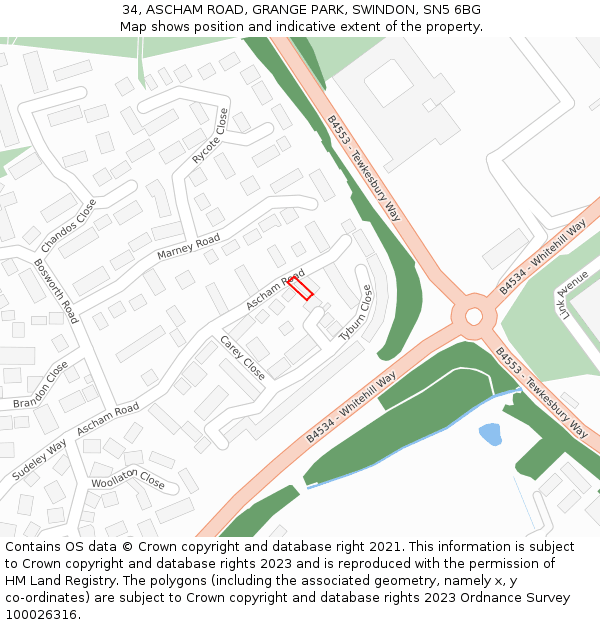 34, ASCHAM ROAD, GRANGE PARK, SWINDON, SN5 6BG: Location map and indicative extent of plot