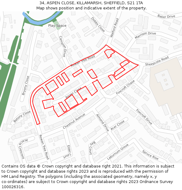 34, ASPEN CLOSE, KILLAMARSH, SHEFFIELD, S21 1TA: Location map and indicative extent of plot