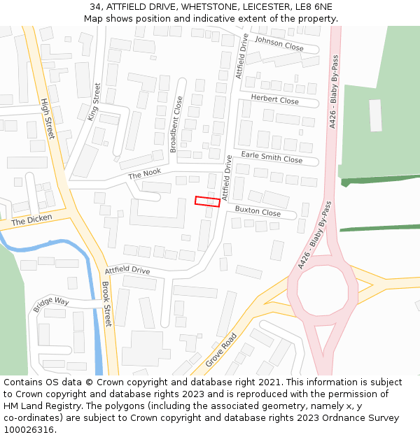 34, ATTFIELD DRIVE, WHETSTONE, LEICESTER, LE8 6NE: Location map and indicative extent of plot