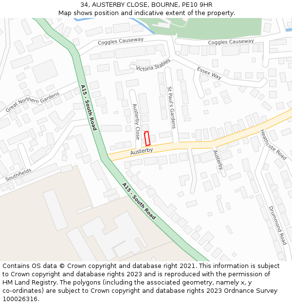 34, AUSTERBY CLOSE, BOURNE, PE10 9HR: Location map and indicative extent of plot