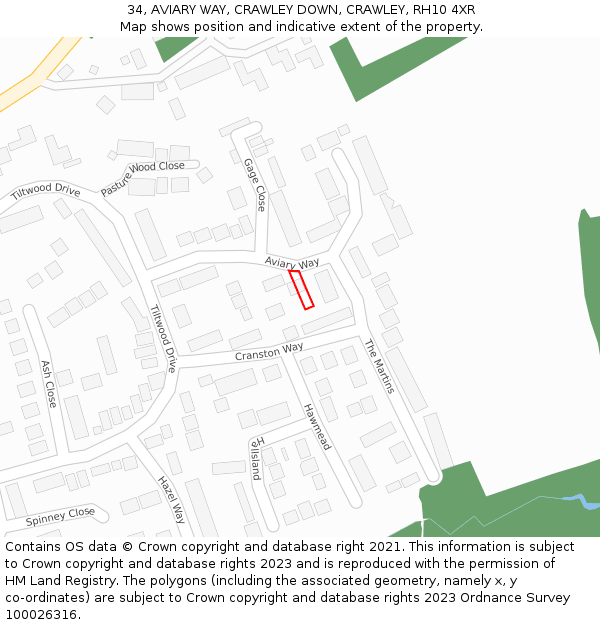 34, AVIARY WAY, CRAWLEY DOWN, CRAWLEY, RH10 4XR: Location map and indicative extent of plot