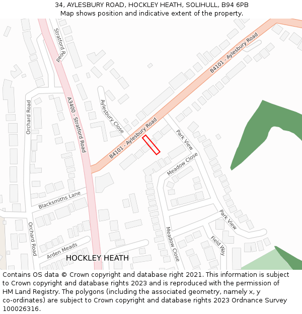 34, AYLESBURY ROAD, HOCKLEY HEATH, SOLIHULL, B94 6PB: Location map and indicative extent of plot