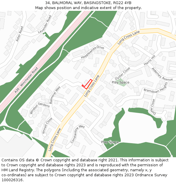 34, BALMORAL WAY, BASINGSTOKE, RG22 4YB: Location map and indicative extent of plot