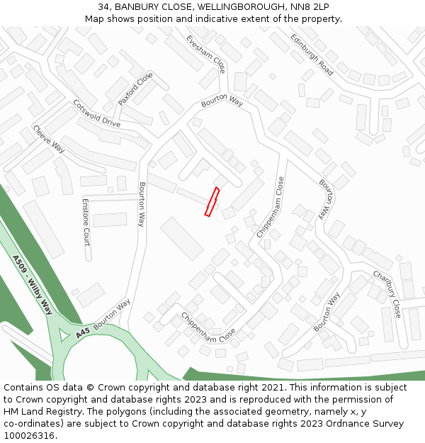 34, BANBURY CLOSE, WELLINGBOROUGH, NN8 2LP: Location map and indicative extent of plot