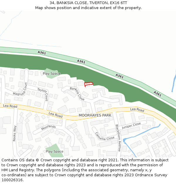 34, BANKSIA CLOSE, TIVERTON, EX16 6TT: Location map and indicative extent of plot