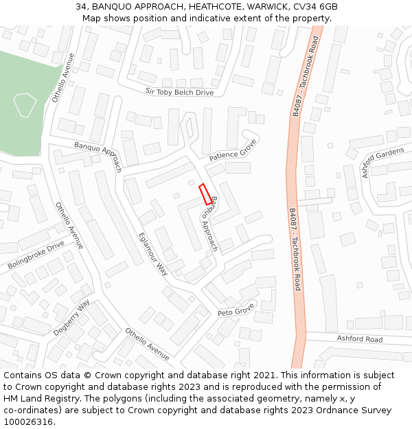 34, BANQUO APPROACH, HEATHCOTE, WARWICK, CV34 6GB: Location map and indicative extent of plot