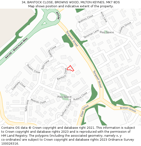 34, BANTOCK CLOSE, BROWNS WOOD, MILTON KEYNES, MK7 8DS: Location map and indicative extent of plot