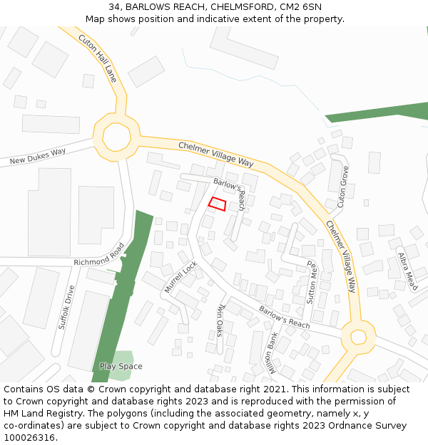 34, BARLOWS REACH, CHELMSFORD, CM2 6SN: Location map and indicative extent of plot