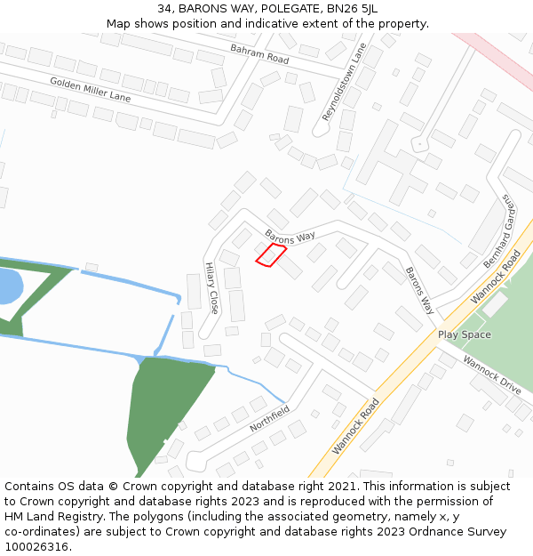 34, BARONS WAY, POLEGATE, BN26 5JL: Location map and indicative extent of plot