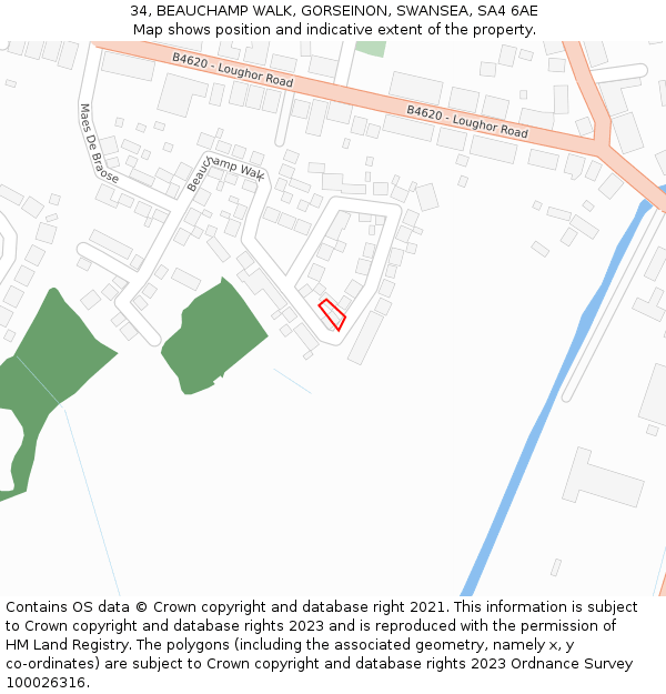 34, BEAUCHAMP WALK, GORSEINON, SWANSEA, SA4 6AE: Location map and indicative extent of plot