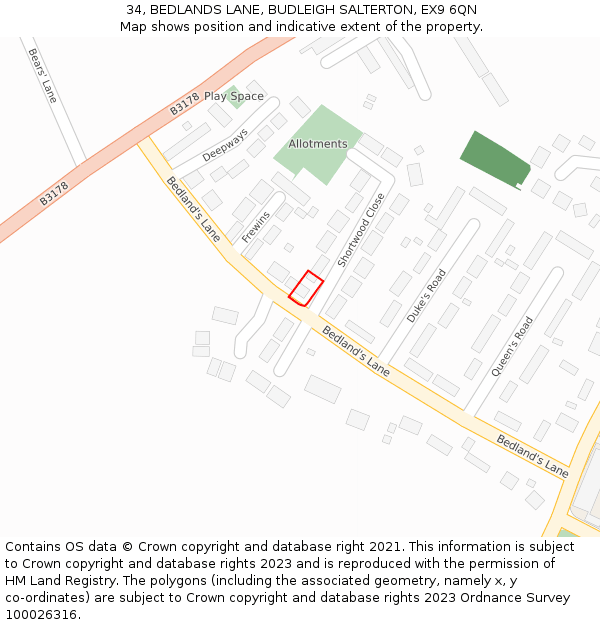 34, BEDLANDS LANE, BUDLEIGH SALTERTON, EX9 6QN: Location map and indicative extent of plot