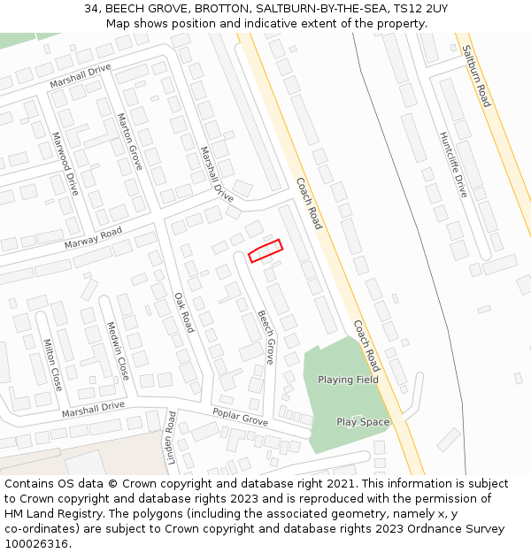 34, BEECH GROVE, BROTTON, SALTBURN-BY-THE-SEA, TS12 2UY: Location map and indicative extent of plot