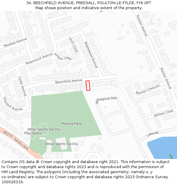 34, BEECHFIELD AVENUE, PREESALL, POULTON-LE-FYLDE, FY6 0PT: Location map and indicative extent of plot