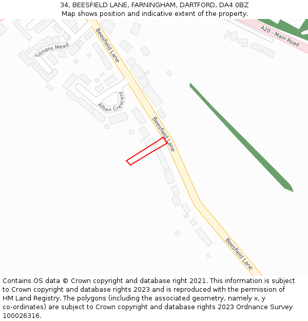 34, BEESFIELD LANE, FARNINGHAM, DARTFORD, DA4 0BZ: Location map and indicative extent of plot