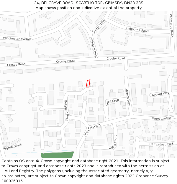 34, BELGRAVE ROAD, SCARTHO TOP, GRIMSBY, DN33 3RS: Location map and indicative extent of plot