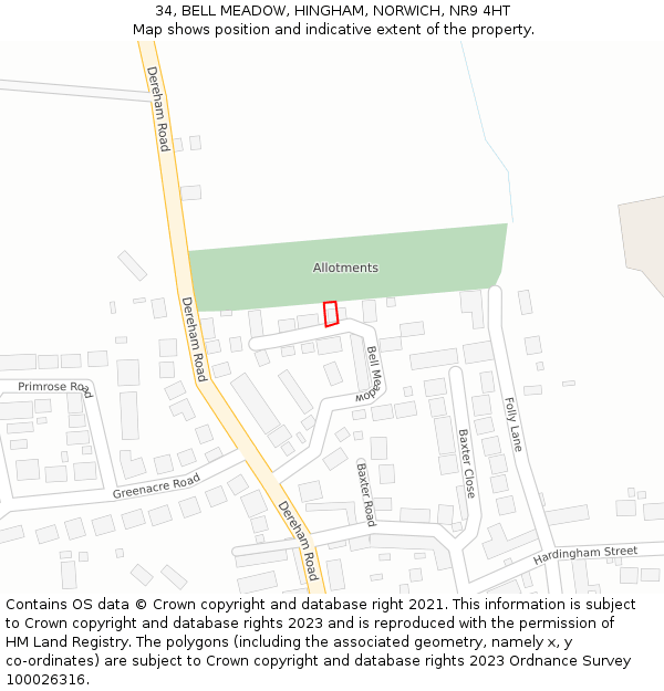 34, BELL MEADOW, HINGHAM, NORWICH, NR9 4HT: Location map and indicative extent of plot