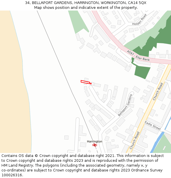 34, BELLAPORT GARDENS, HARRINGTON, WORKINGTON, CA14 5QX: Location map and indicative extent of plot