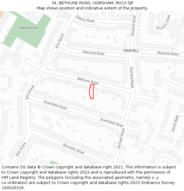 34, BETHUNE ROAD, HORSHAM, RH13 5JP: Location map and indicative extent of plot
