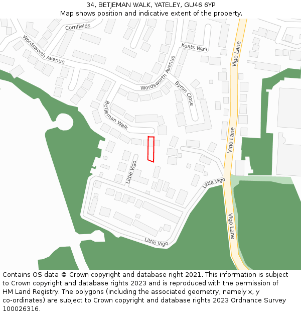 34, BETJEMAN WALK, YATELEY, GU46 6YP: Location map and indicative extent of plot