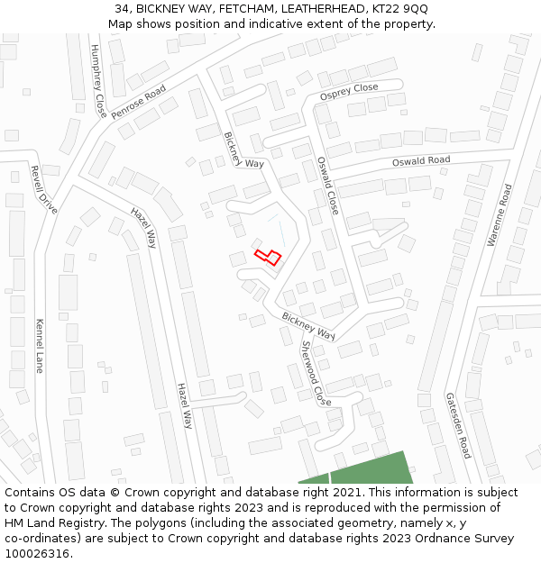 34, BICKNEY WAY, FETCHAM, LEATHERHEAD, KT22 9QQ: Location map and indicative extent of plot