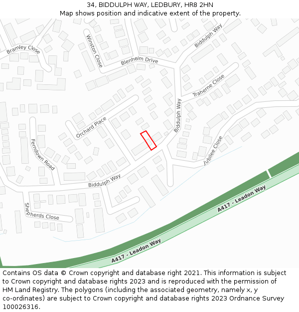 34, BIDDULPH WAY, LEDBURY, HR8 2HN: Location map and indicative extent of plot