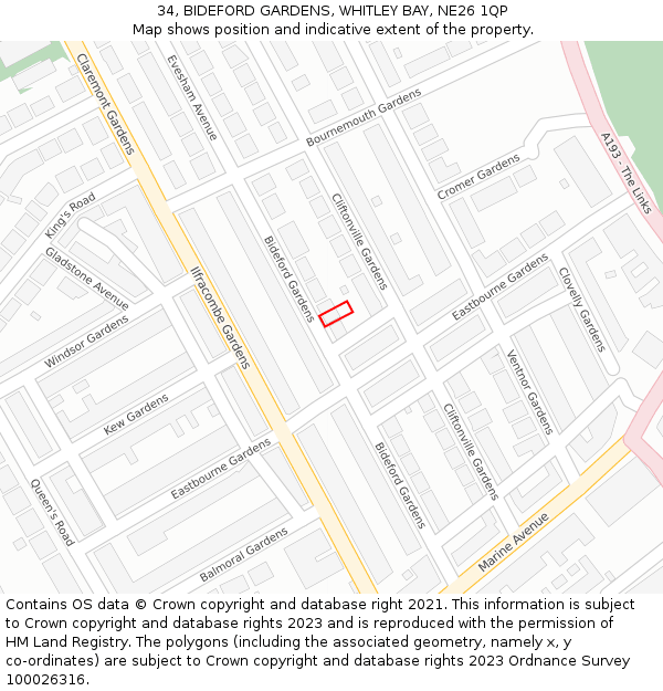 34, BIDEFORD GARDENS, WHITLEY BAY, NE26 1QP: Location map and indicative extent of plot