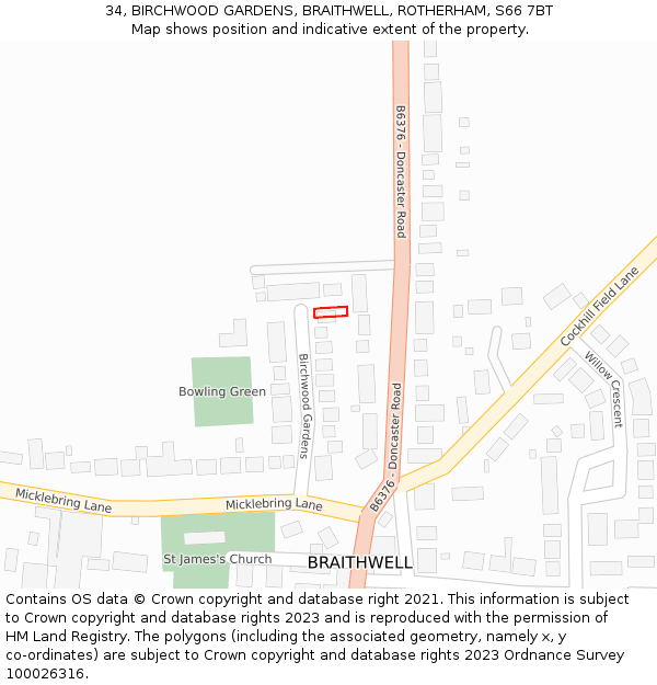 34, BIRCHWOOD GARDENS, BRAITHWELL, ROTHERHAM, S66 7BT: Location map and indicative extent of plot