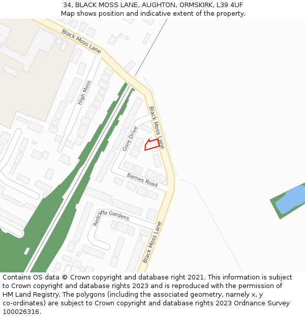 34, BLACK MOSS LANE, AUGHTON, ORMSKIRK, L39 4UF: Location map and indicative extent of plot