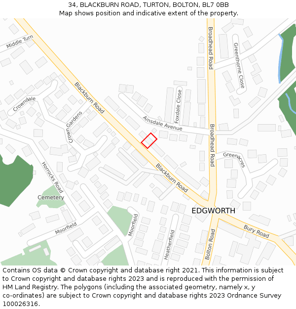 34, BLACKBURN ROAD, TURTON, BOLTON, BL7 0BB: Location map and indicative extent of plot