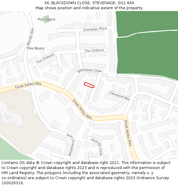 34, BLACKDOWN CLOSE, STEVENAGE, SG1 6AX: Location map and indicative extent of plot
