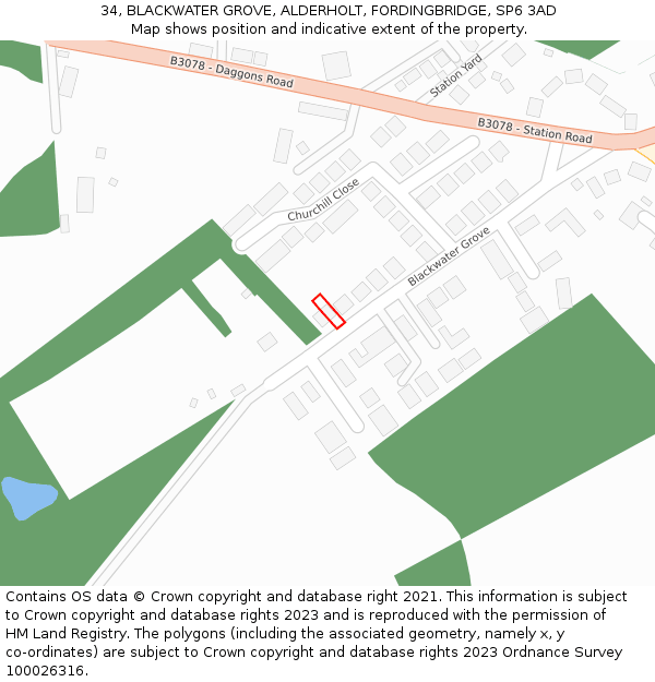 34, BLACKWATER GROVE, ALDERHOLT, FORDINGBRIDGE, SP6 3AD: Location map and indicative extent of plot