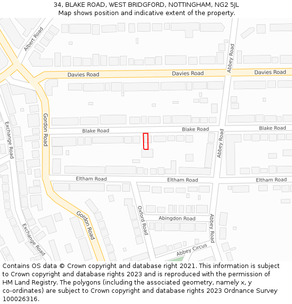 34, BLAKE ROAD, WEST BRIDGFORD, NOTTINGHAM, NG2 5JL: Location map and indicative extent of plot