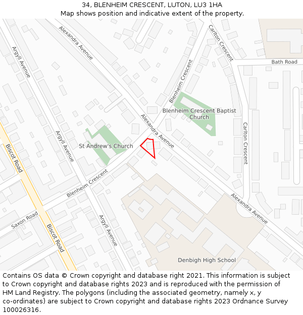 34, BLENHEIM CRESCENT, LUTON, LU3 1HA: Location map and indicative extent of plot
