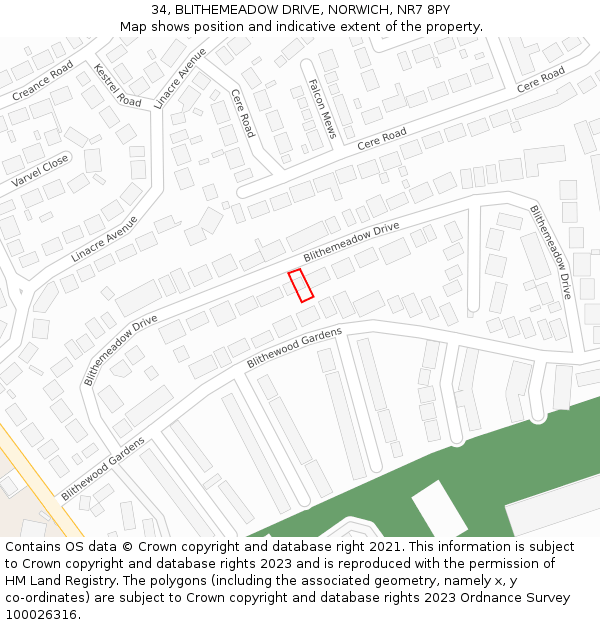 34, BLITHEMEADOW DRIVE, NORWICH, NR7 8PY: Location map and indicative extent of plot