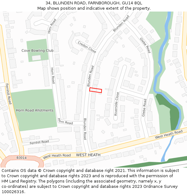 34, BLUNDEN ROAD, FARNBOROUGH, GU14 8QL: Location map and indicative extent of plot