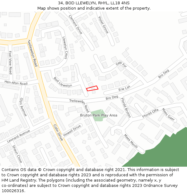 34, BOD LLEWELYN, RHYL, LL18 4NS: Location map and indicative extent of plot