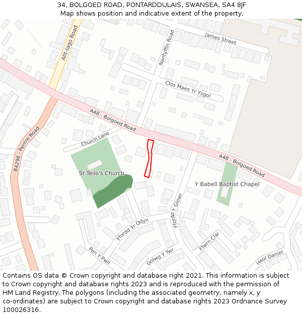 34, BOLGOED ROAD, PONTARDDULAIS, SWANSEA, SA4 8JF: Location map and indicative extent of plot