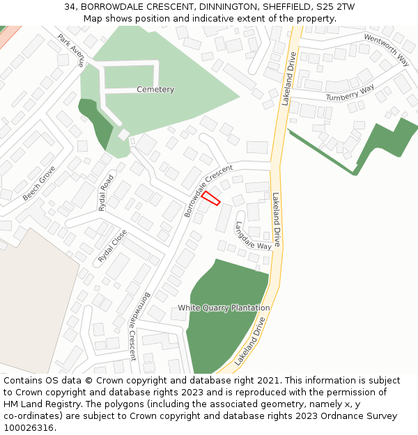 34, BORROWDALE CRESCENT, DINNINGTON, SHEFFIELD, S25 2TW: Location map and indicative extent of plot