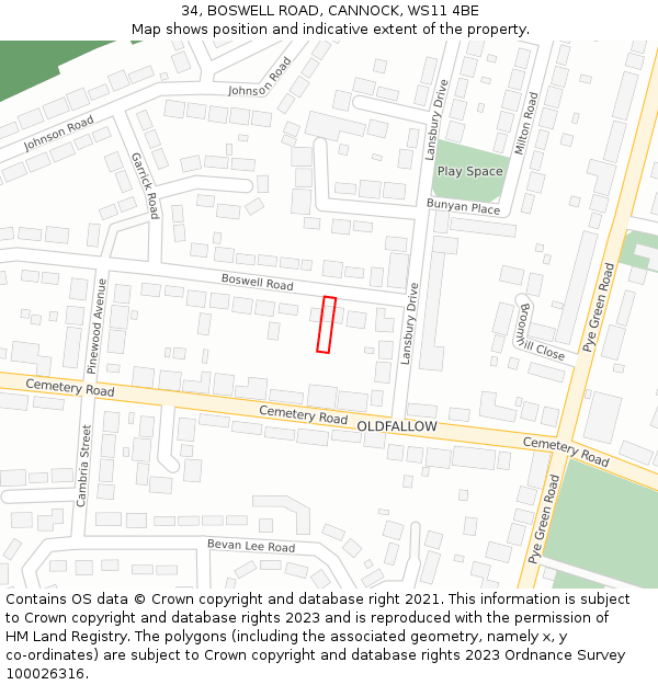 34, BOSWELL ROAD, CANNOCK, WS11 4BE: Location map and indicative extent of plot