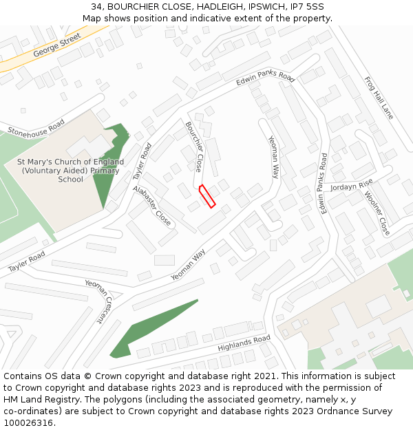 34, BOURCHIER CLOSE, HADLEIGH, IPSWICH, IP7 5SS: Location map and indicative extent of plot