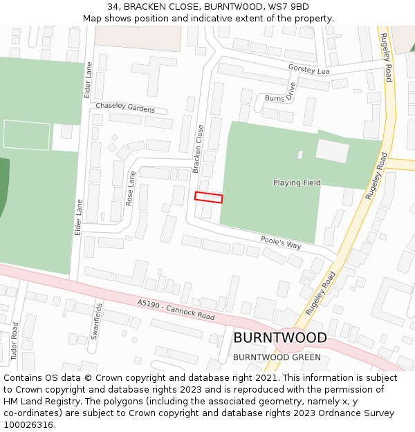 34, BRACKEN CLOSE, BURNTWOOD, WS7 9BD: Location map and indicative extent of plot