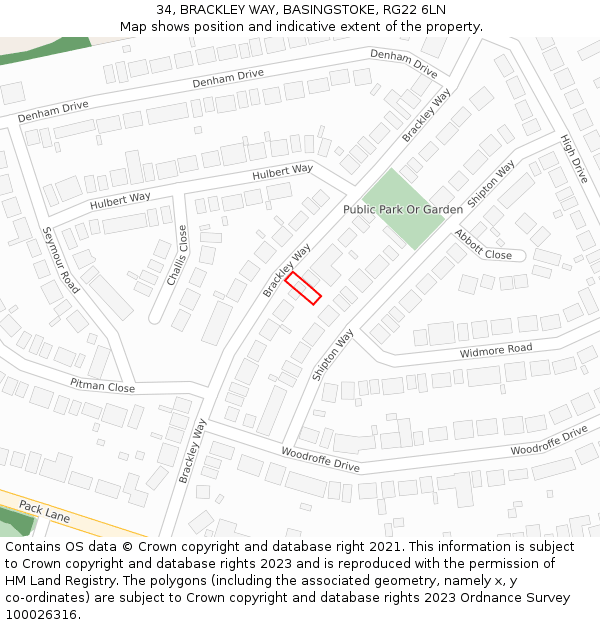 34, BRACKLEY WAY, BASINGSTOKE, RG22 6LN: Location map and indicative extent of plot