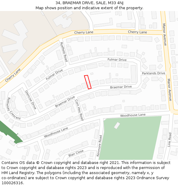 34, BRAEMAR DRIVE, SALE, M33 4NJ: Location map and indicative extent of plot